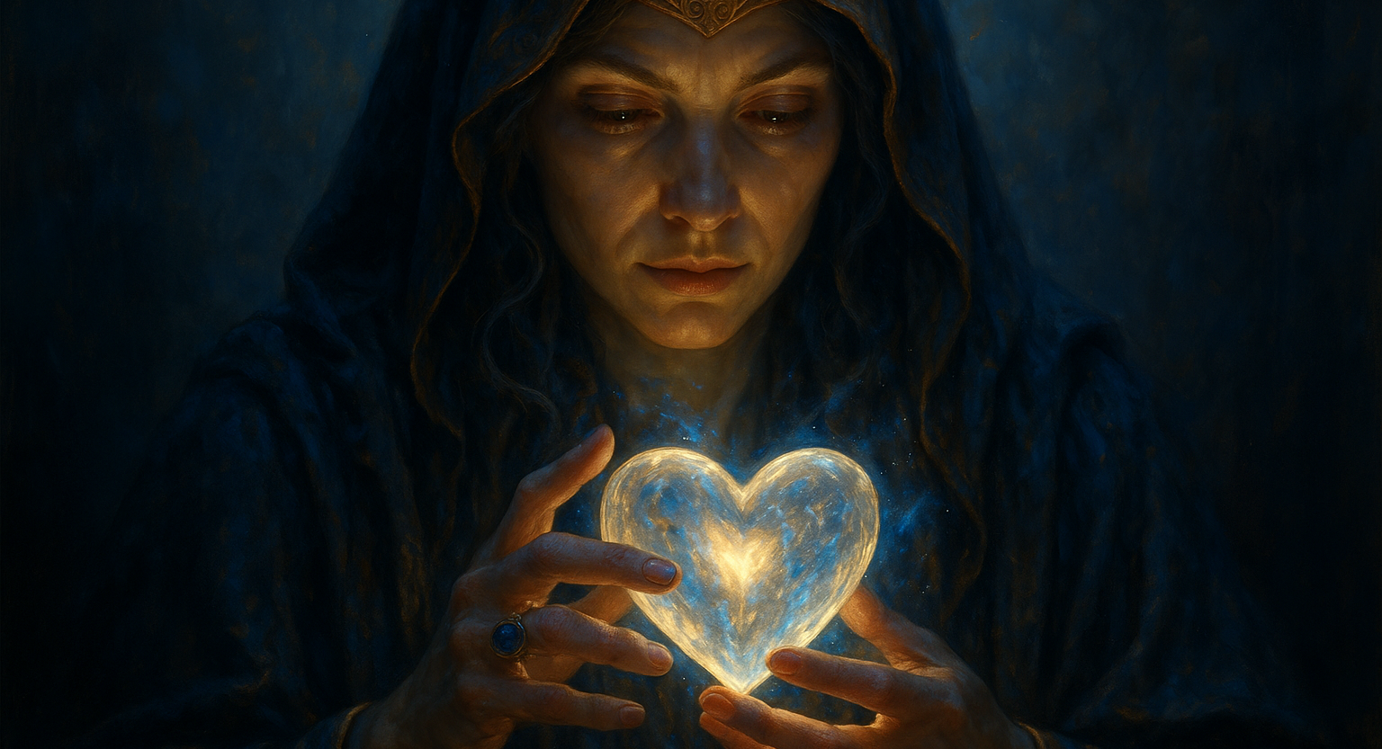 Person holding a glowing heart-shaped crystal in a dark setting